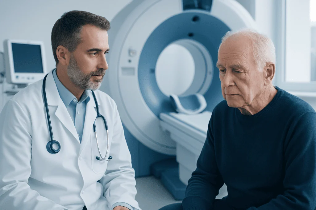 Doctor consulting elderly patient in MRI room at Acibadem Hospital.