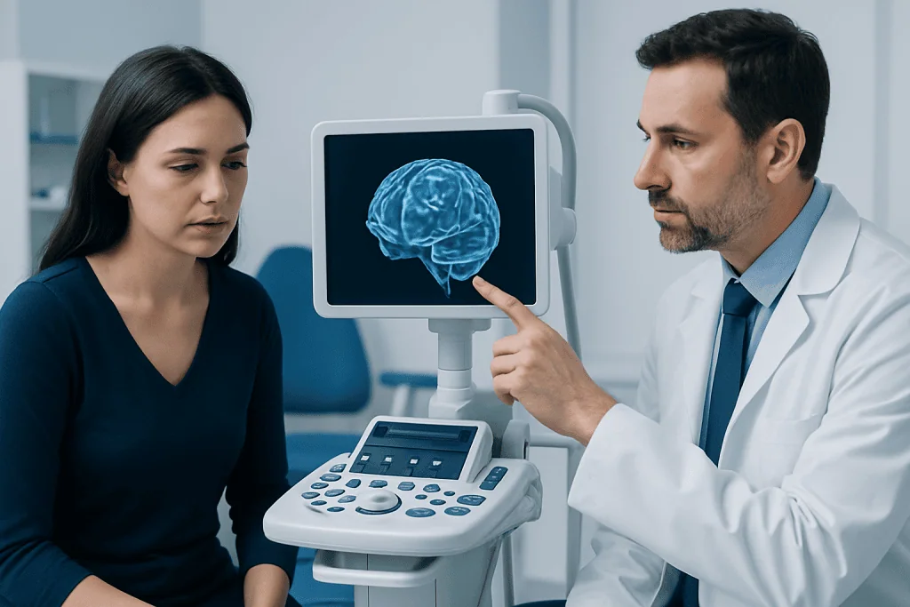 Doctor explains brain scan results to a patient in a medical office.