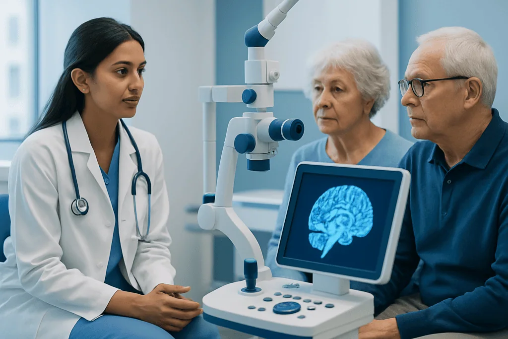 Neurologist explains brain scan to elderly patients in a hospital setting.
