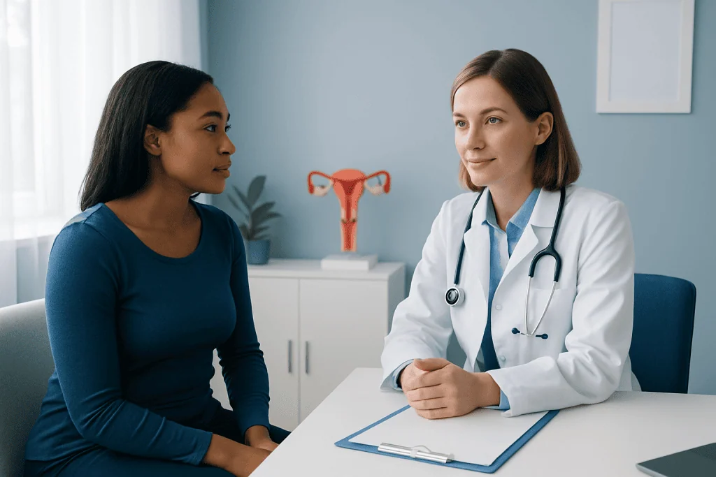 OB-GYN consultation with a doctor and patient in a medical office.