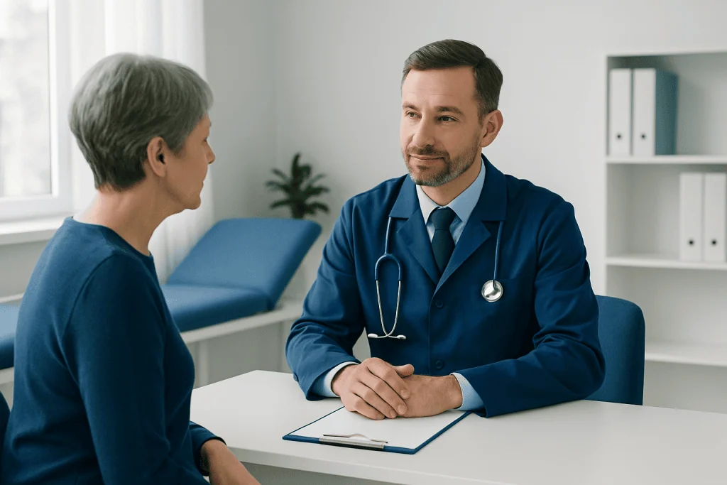 Doctor consulting with a female patient in a modern clinic setting.