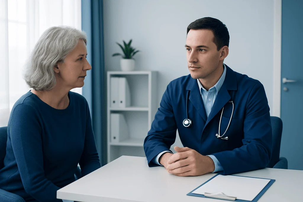 Oncologist consulting with an elderly female patient in a medical office.