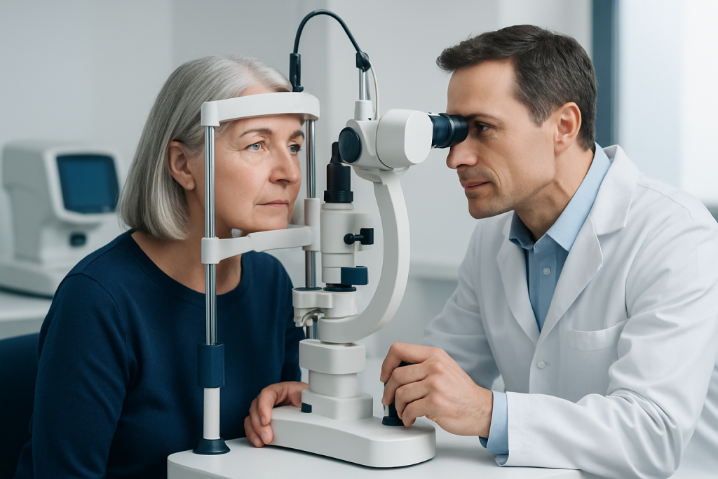 Ophthalmologist examining elderly woman's eyes with slit lamp.