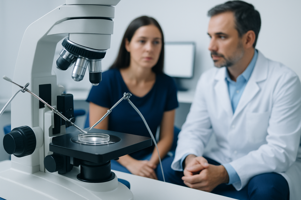 Fertility specialist consulting with a patient in a medical lab setting.