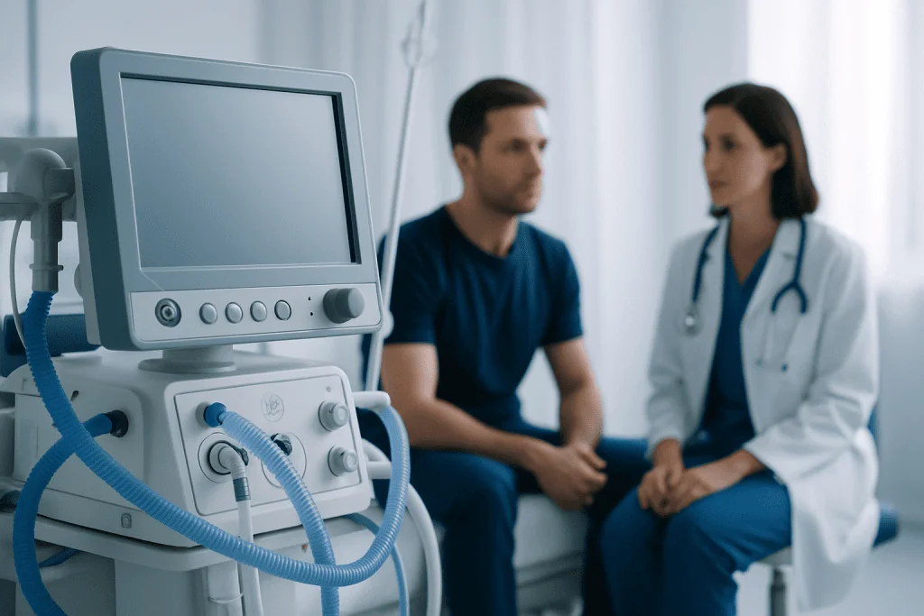 Patient and doctor discussing medical treatment in a hospital room with medical equipment nearby.