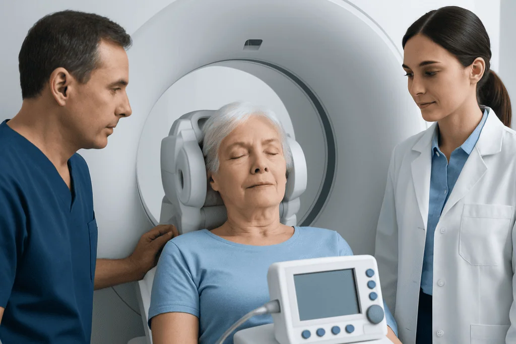 Elderly woman undergoing MRI scan with medical staff assistance.