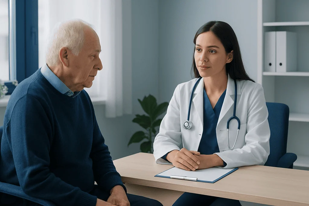 Doctor consulting with elderly patient in a medical office setting.