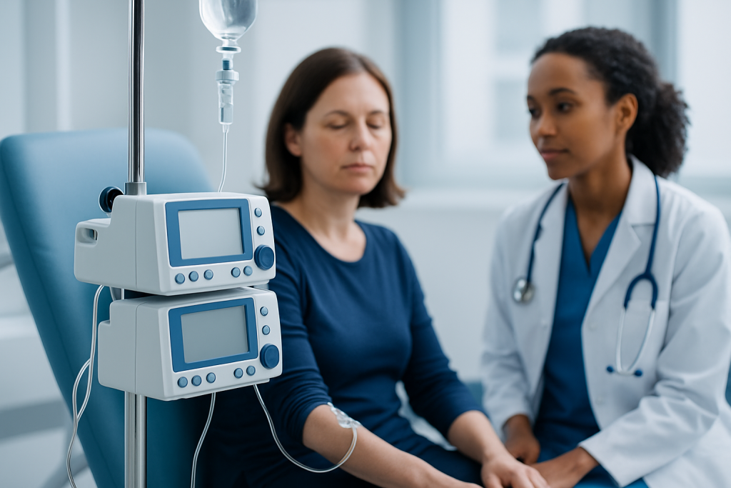 Patient receiving IV therapy in a hospital setting with medical staff present.