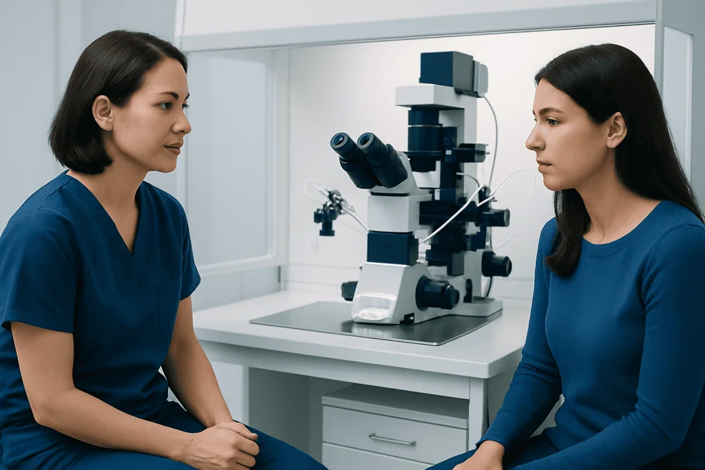 Two women in a medical lab discussing fertility testing with a microscope in the background.
