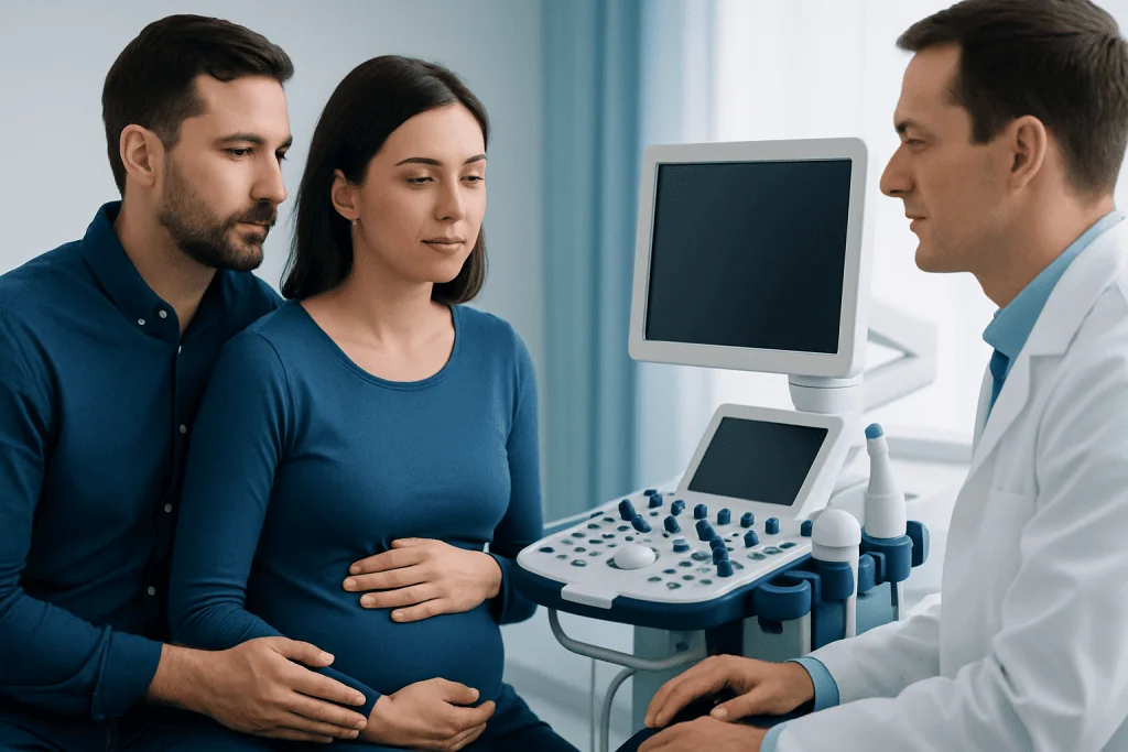 Pregnant woman at fertility consultation with doctor and partner in clinic.