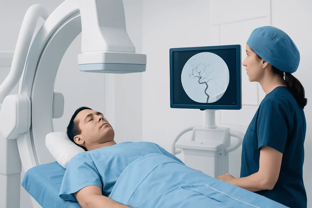 Patient undergoing neurointerventional radiology procedure for brain aneurysm.