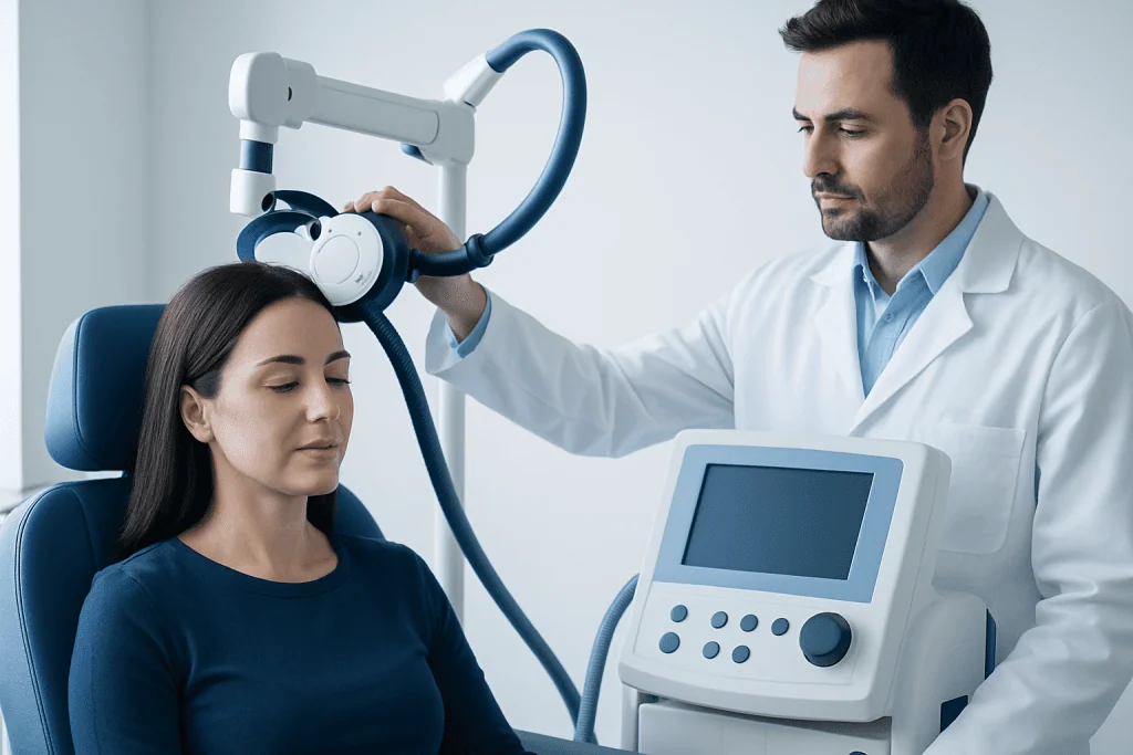 Doctor performing a brain scan on a patient in a medical facility.