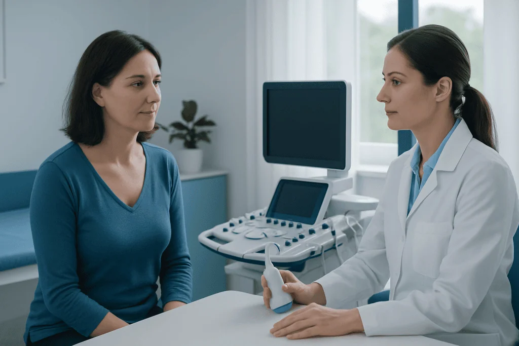 Doctor explaining breast ultrasound to a patient in a medical clinic.