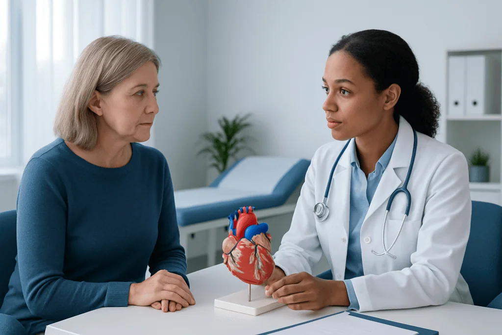 Doctor explaining heart model to patient in a consultation room.