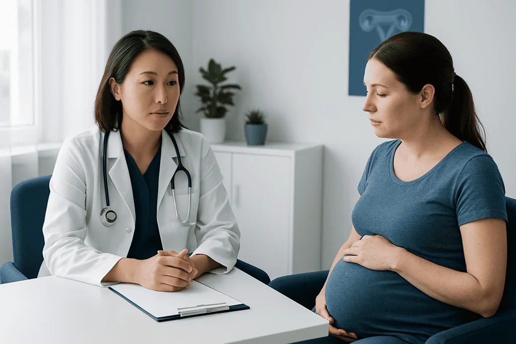 Doctor consulting pregnant woman in a medical office setting.