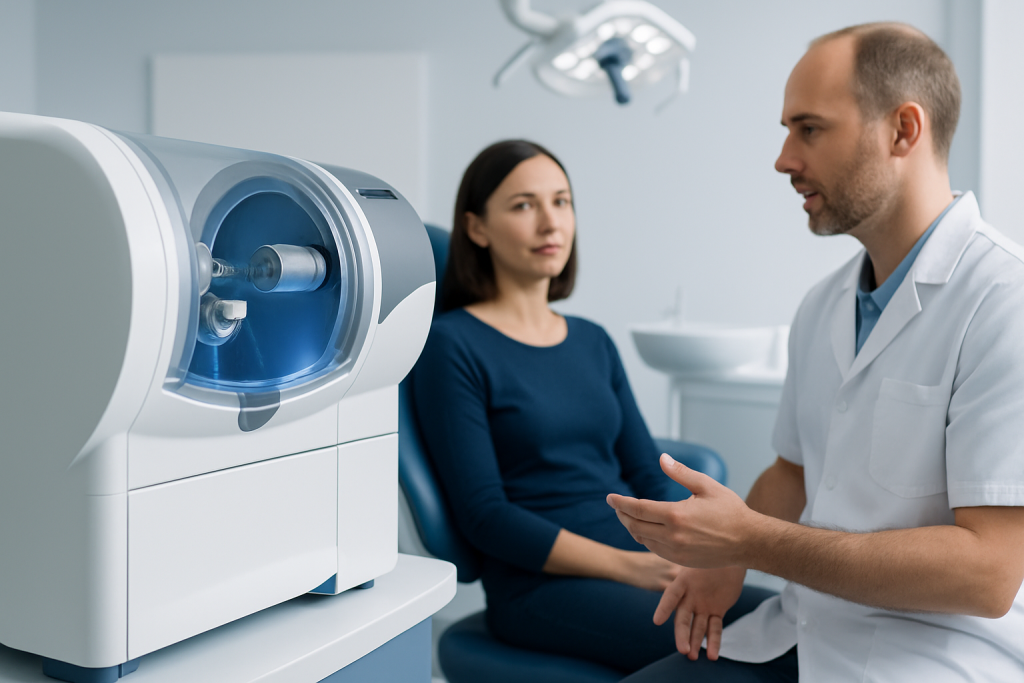 Dentist explaining dental equipment to a patient in a clinic setting.