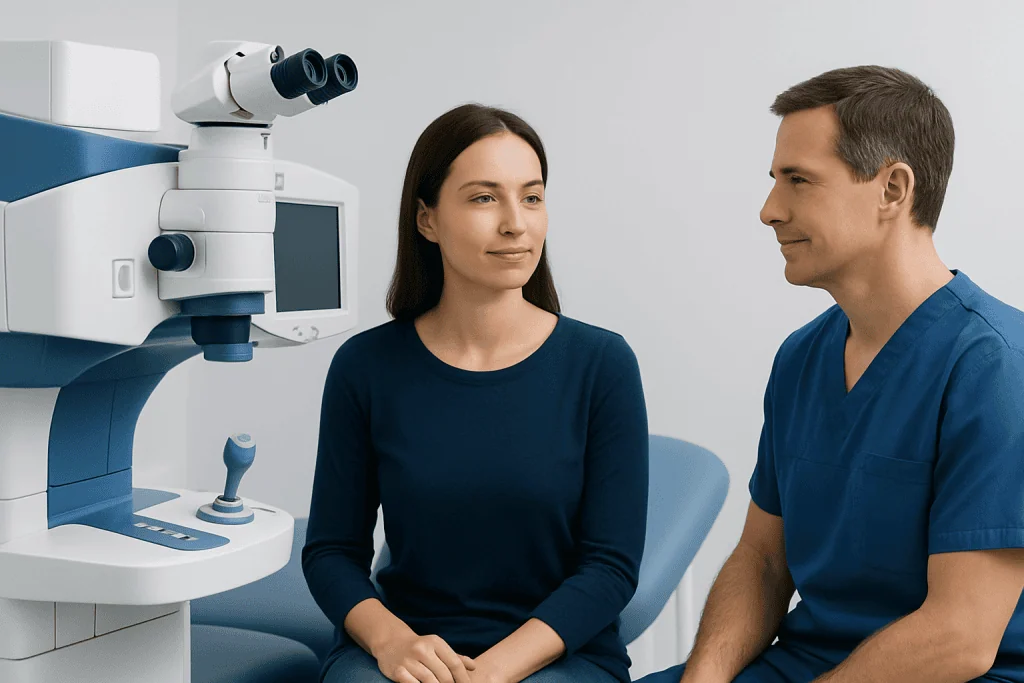 Ophthalmologist consulting with a patient in a modern clinic setting.