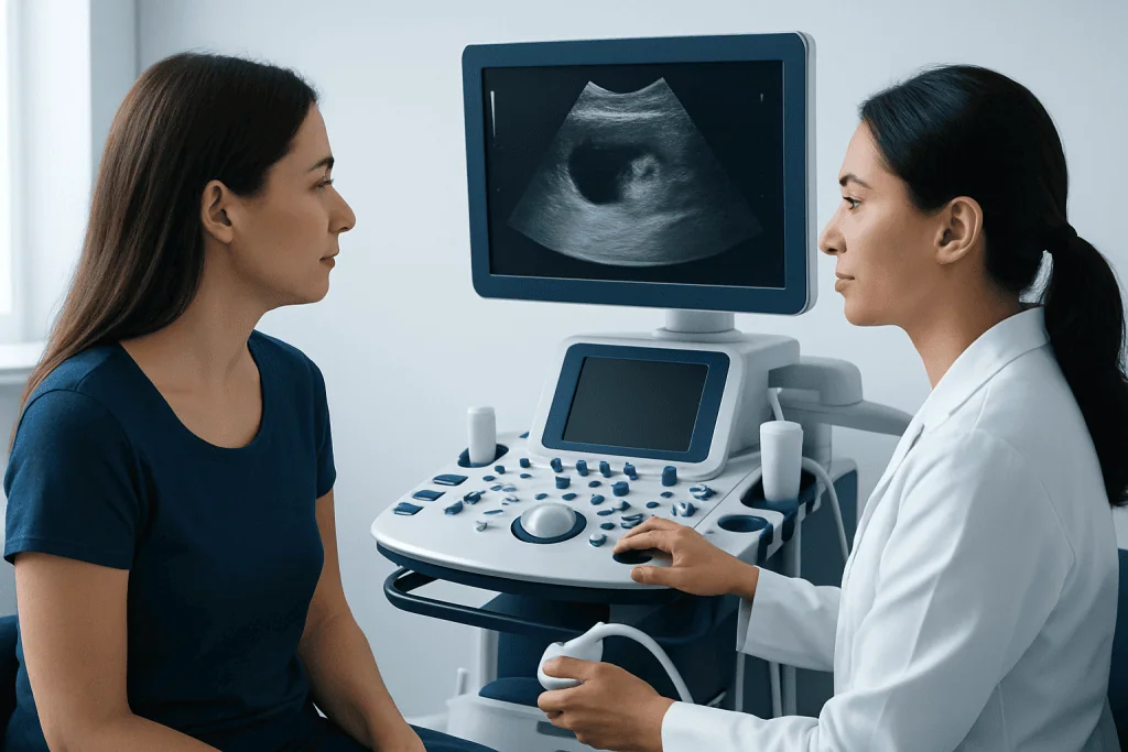 Doctor explains ovarian ultrasound results to patient in clinic.