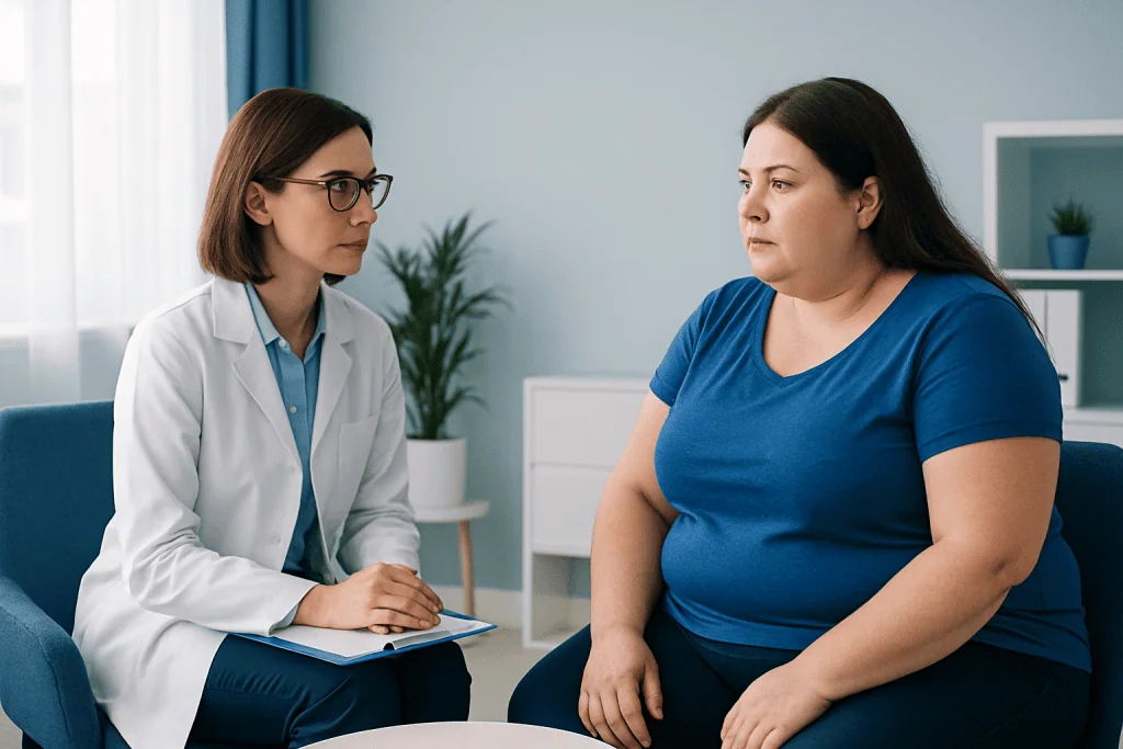 Doctor consulting with an overweight woman in a medical office.