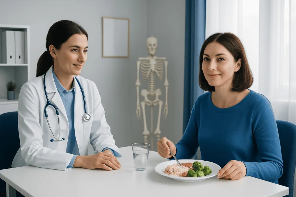 Doctor consulting with a patient after surgery in a medical office.