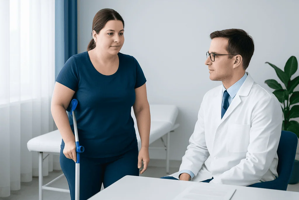 Patient consulting with doctor after liposuction recovery at Acibadem Hospital.