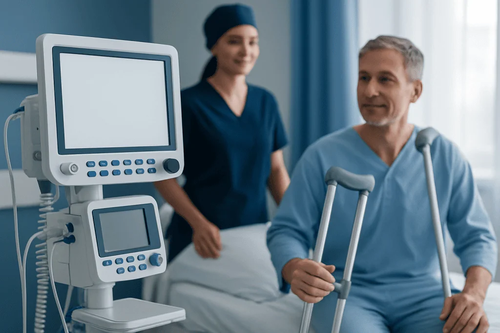 Patient with crutches in hospital room at Acibadem Hospitals Group.