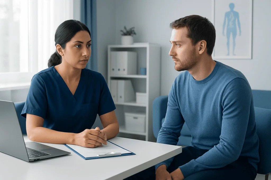 Healthcare professional discussing with patient in a medical consultation room.