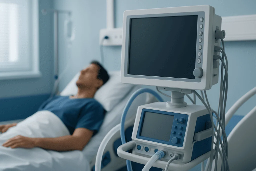 Patient resting in hospital bed with medical monitors nearby.