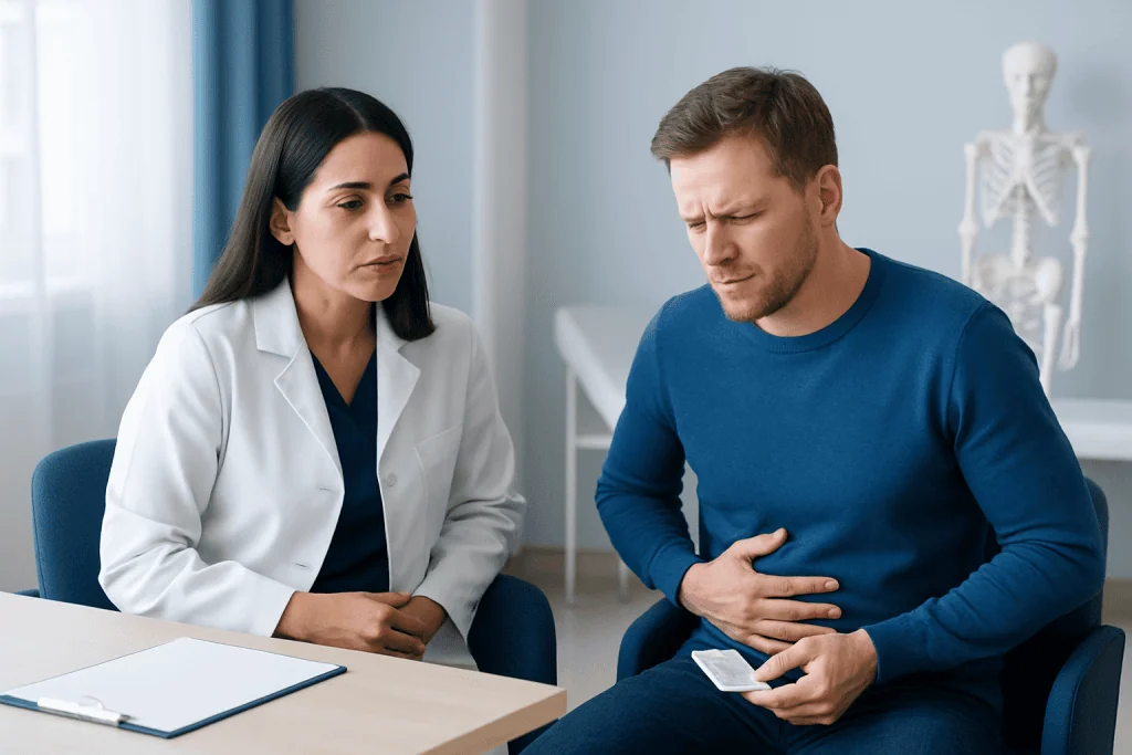 Doctor consulting with patient experiencing stomach pain in clinic.