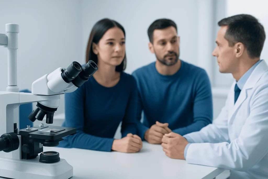 Fertility specialist explains procedure to couple at Acibadem Hospital.