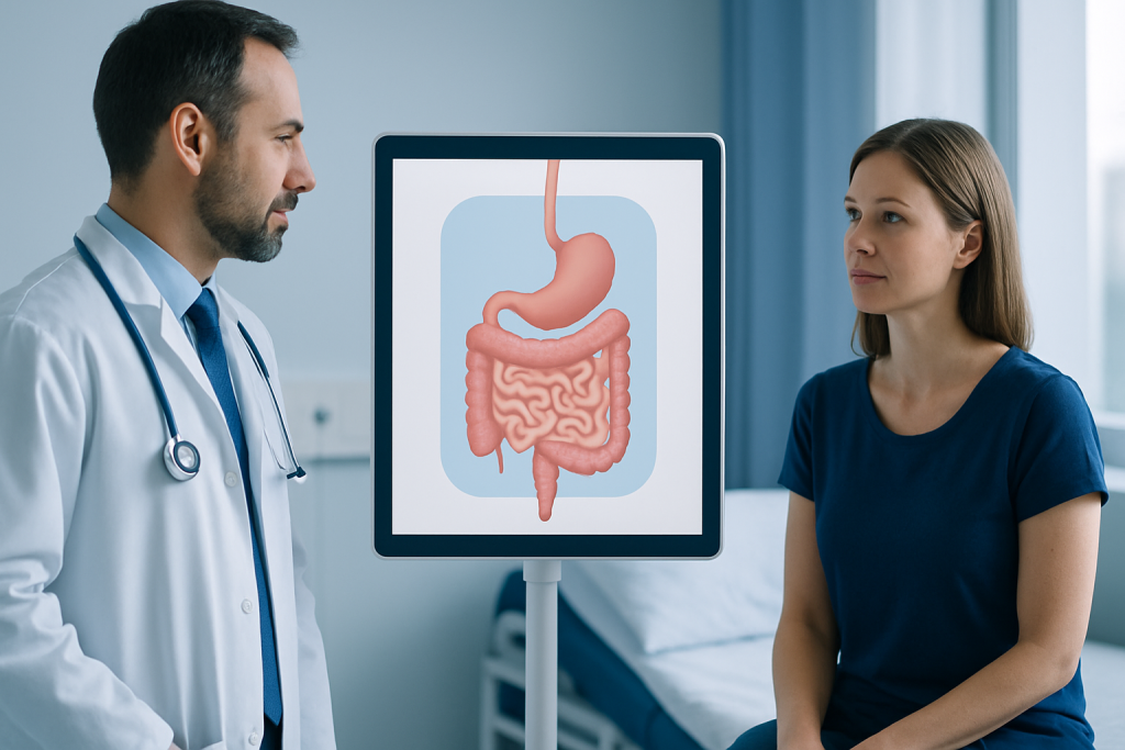 Doctor explaining digestive system to patient with stomach diagram.