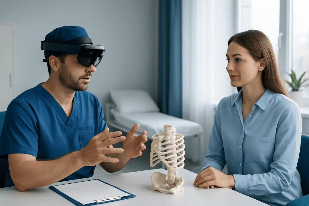Surgeon using augmented reality headset to explain spinal anatomy to patient.