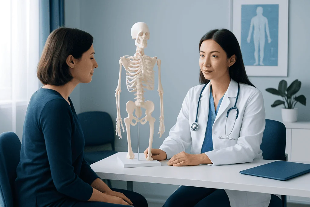 Doctor explaining cartilaginous joint connection to patient with skeleton model.