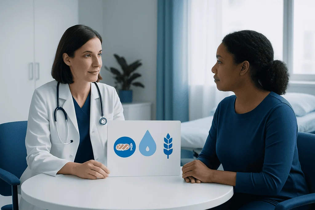 Doctor explaining food nutrition symbols to patient in a consultation room.