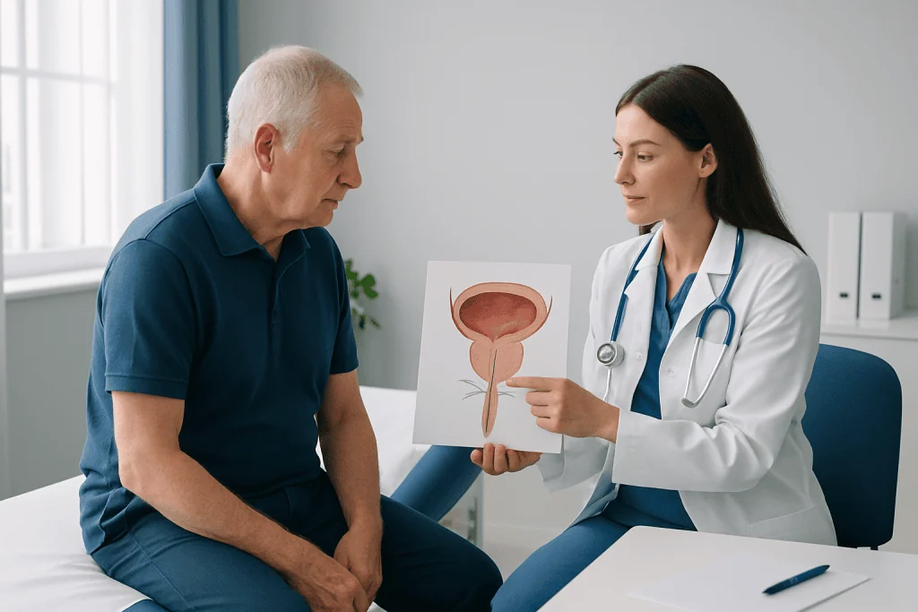 Urologist explaining prostate health to an older male patient.