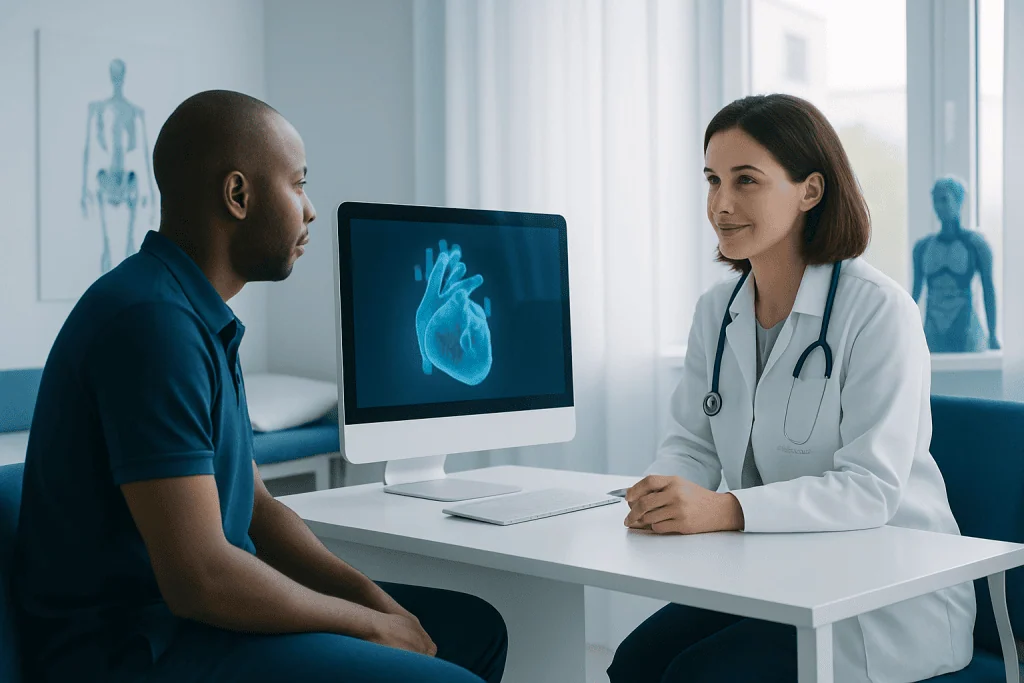Doctor explaining heart health to patient using digital heart model.