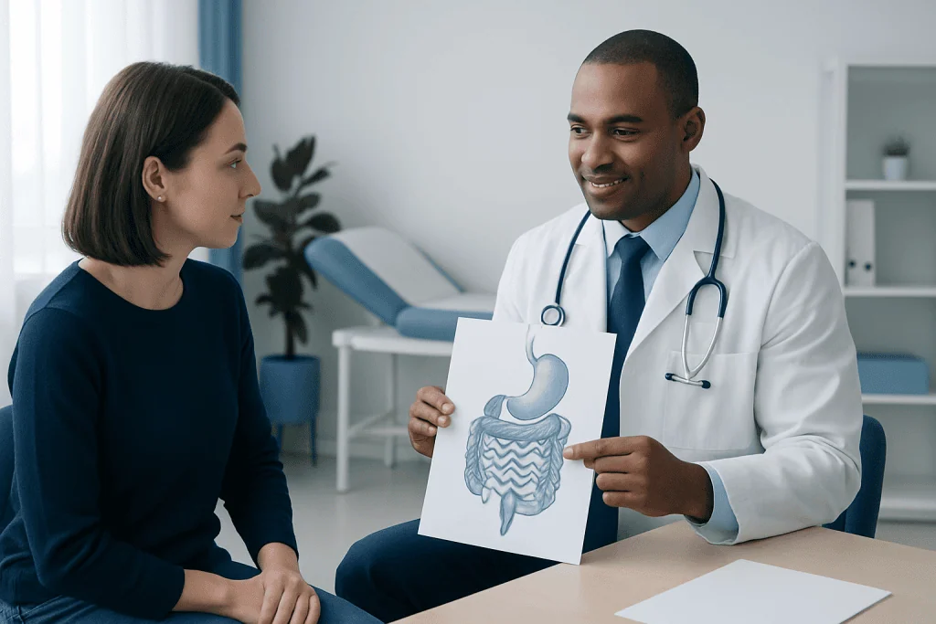 Doctor explaining digestive system to patient in a medical consultation.