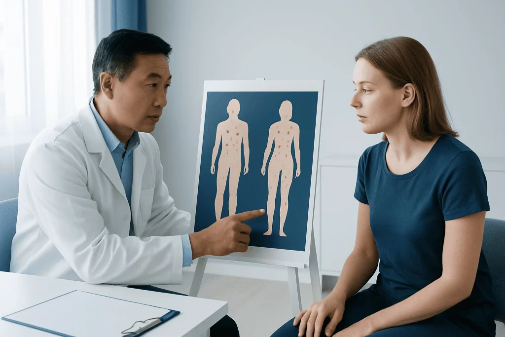 Doctor explaining skin cancer signs to a patient in a consultation room.