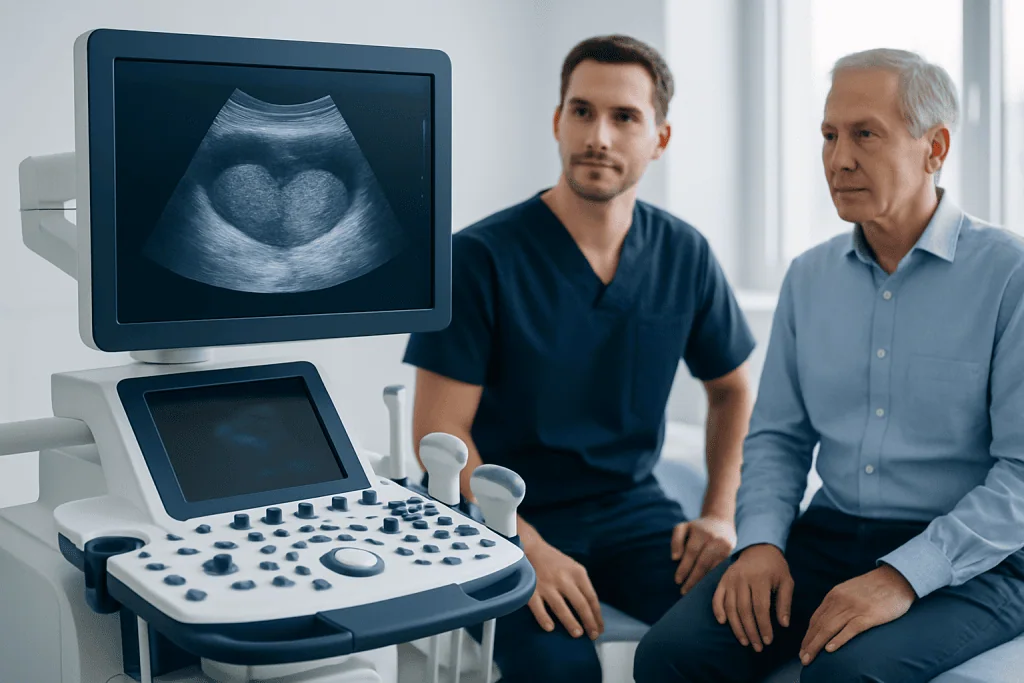 Urologist explains prostate ultrasound to patient in a medical clinic.