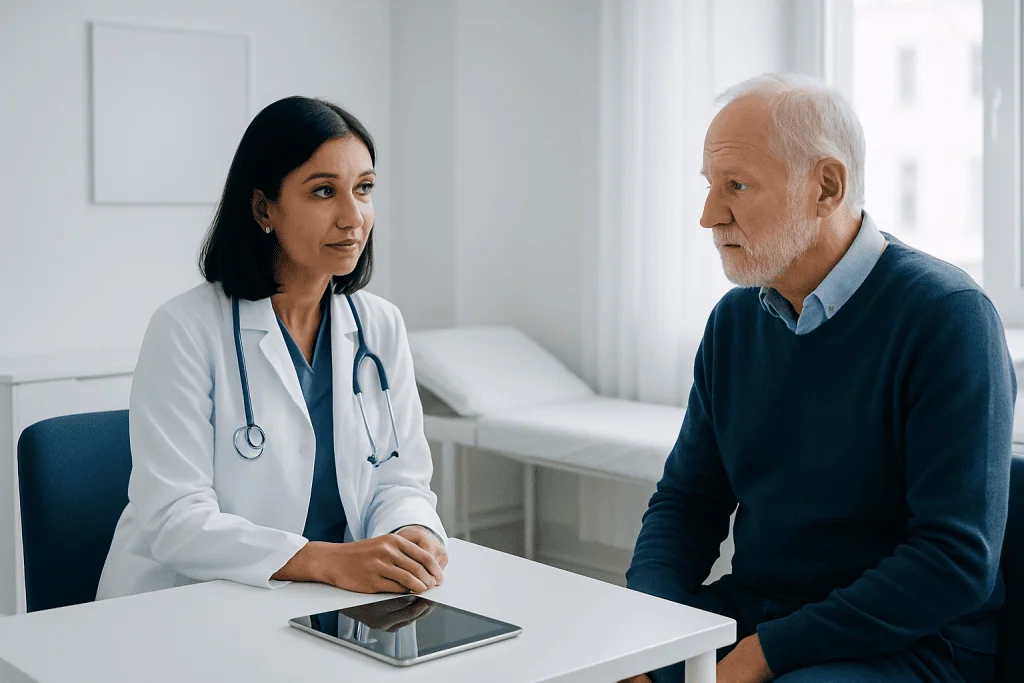 Doctor consulting with elderly patient in a medical office.