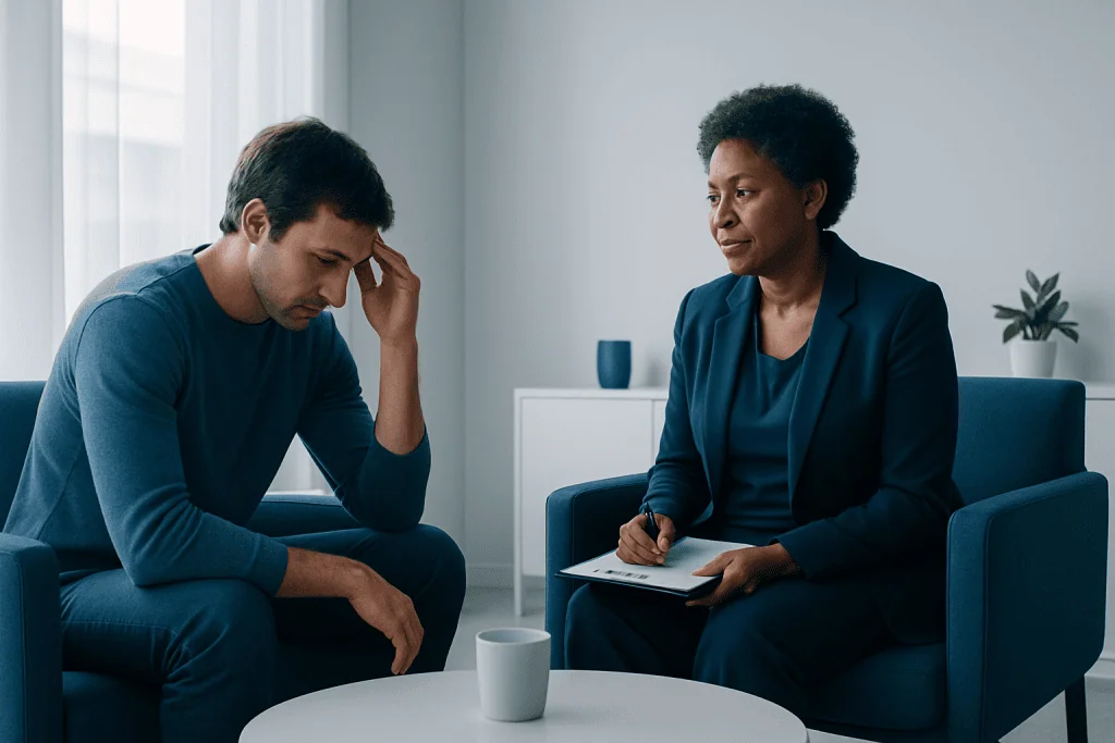 Young man in therapy session with a counselor in a modern office setting.