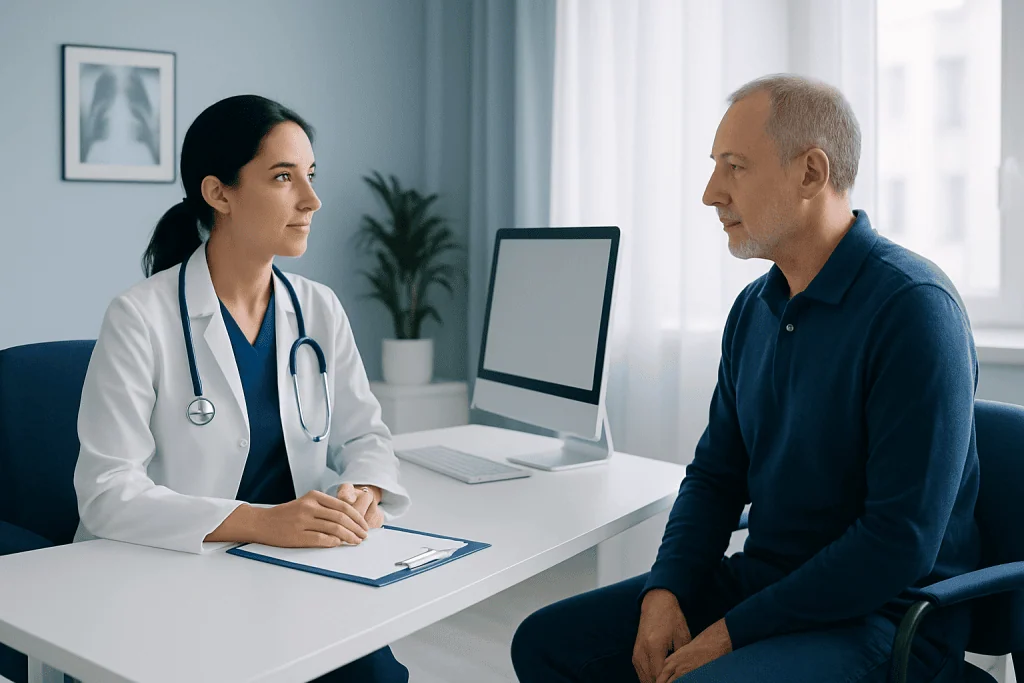 Doctor consulting with a patient in a modern medical office in Turkey.
