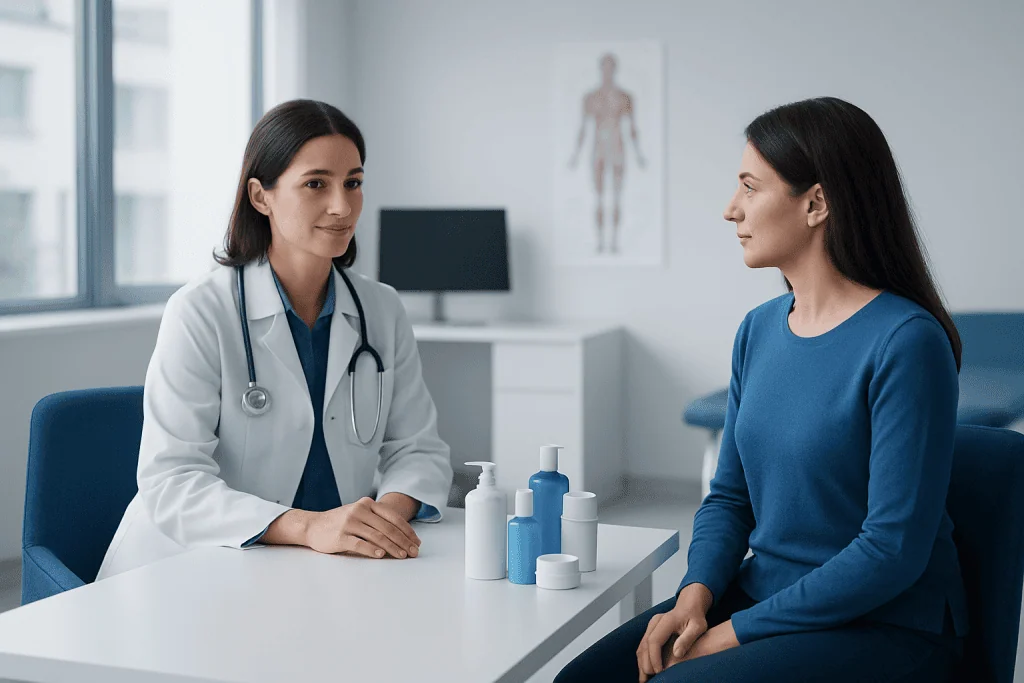 Doctor consulting a patient in a modern medical office with skincare products on the table.