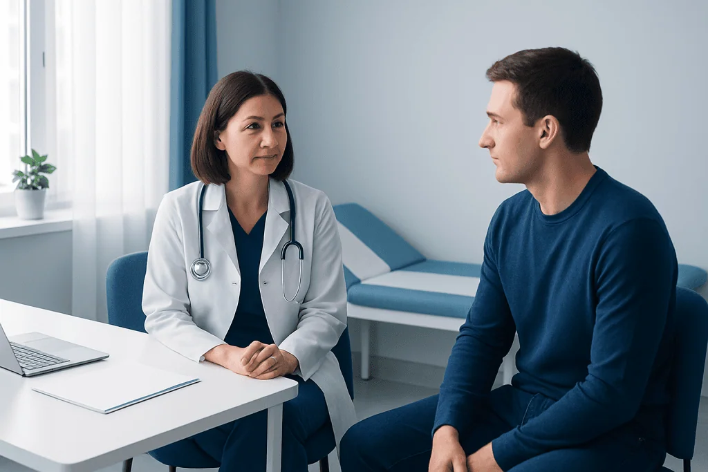 Doctor consulting patient in a medical office with hospital bed in background.
