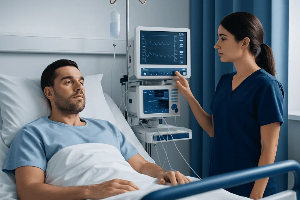Hospital patient in bed with medical monitor and nurse attending.