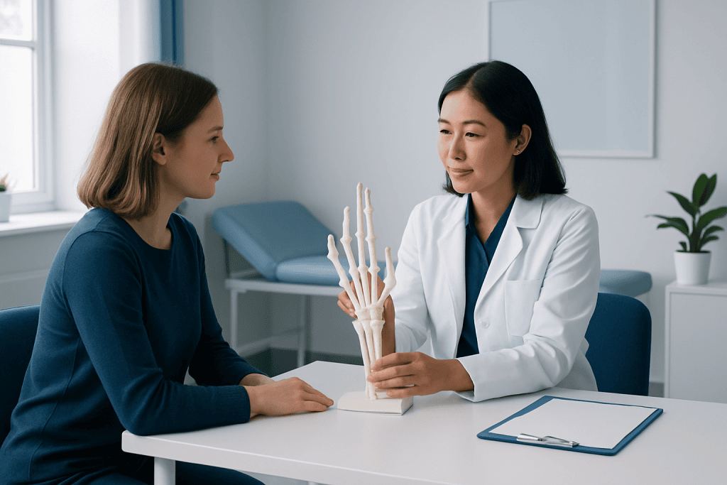 Doctor explaining wrist and hand bones to patient using a model.