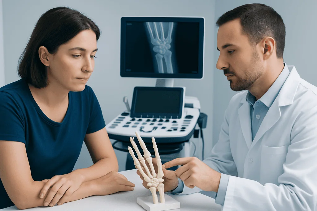 Doctor explaining wrist bones to patient in a medical consultation.