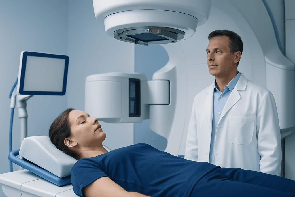 Medical professional preparing for cancer screening with a patient in a hospital.