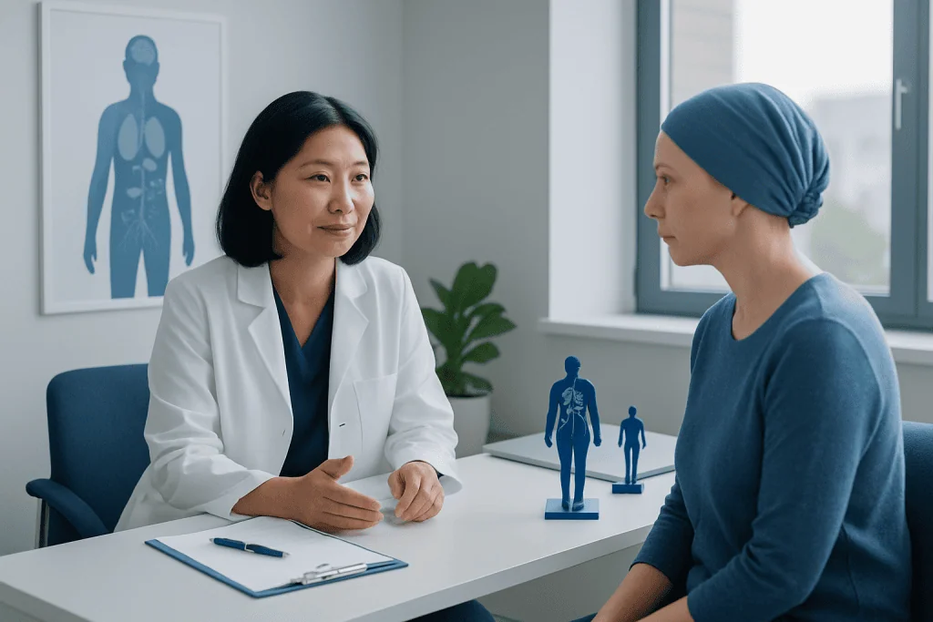 Doctor consulting with a patient in a medical office about cancer treatment options.