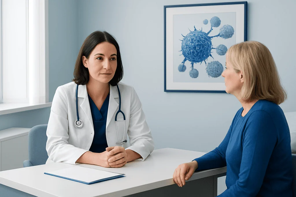Doctor consulting with a patient in a medical office with a virus illustration on the wall.